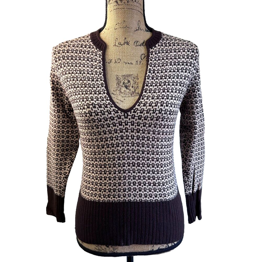 Vintage Easel Brown Beige Geometric Knit Deep V-Neck Sweater Sz M Soft Stretch